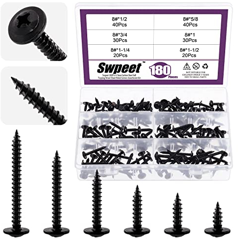 Swpeet Assortiment de 180 vis à bois à tête bombée modifiée Phillips en acier phosphaté noir 6 tailles #8 x 1,2 cm, 5/8, 3/4, 1,1/2