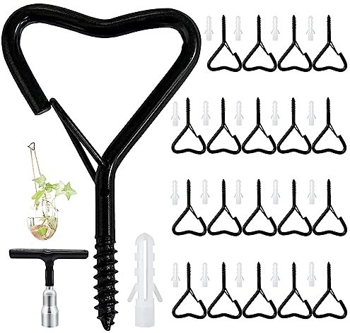 Ticway 20 Pack Q-Hanger Hooks, Screw Hooks for Outdoor String Lights Heart Love Eye Hook Heavy Duty Safety Buckle Windproof Hooks for Hanging Plants with Wing Nut Driver, Black
