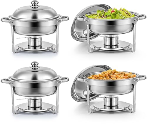 Wilprep Chafing Dish Buffet Set of 4, Round Stainless Steel Chafing Dishes and Food Warmers with Lids Food Pans & Fuel Holders, 5L Buffet Trays for Restaurant Catering Parties Weddings Picnics