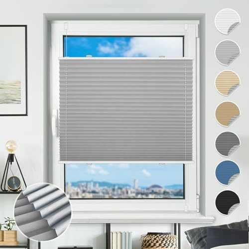 Plissee ohne Bohren Verdunkelung Plissees Klemmfix 85x190cm(BxH) Hellgrau 100% Blickdicht Verdunklungsplissee Fensterrollo innen ohne Bohren Aluminium Rollos für Fenster & Tür