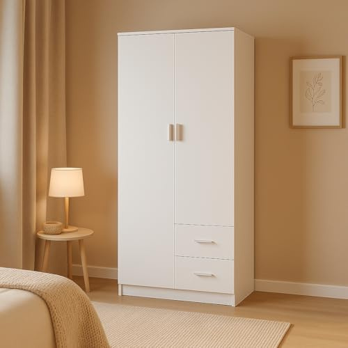 Panana Modern Bedroom Wardrobe Clothes Storage Closet with 2 Doors 2 Drawers, Hanging Rod and Storage Shelves, 77x50x180cm (White)