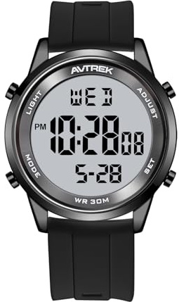 AVTREK Ultradünne Digitaluhr Wasserdicht, Herren Armbanduhr mit 5 Alarmen/Stoppuhr SPL/Countdown/Stundengong/LED-Hintergrundbeleuchtung, 12h/24h, Geschenk für Männer (Schwarz-Schwarz)