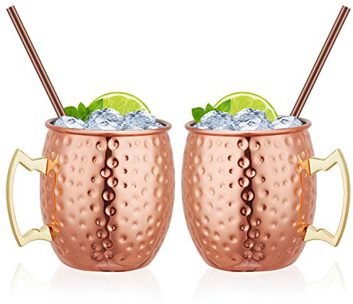 Hossejoy Moscow Mule - Juego de 2 tazas de cobre, 100 % cobre sólido puro hecho a mano, 528.7 g, aptas para alimentos, tazas de cóctel con 2 pajitas