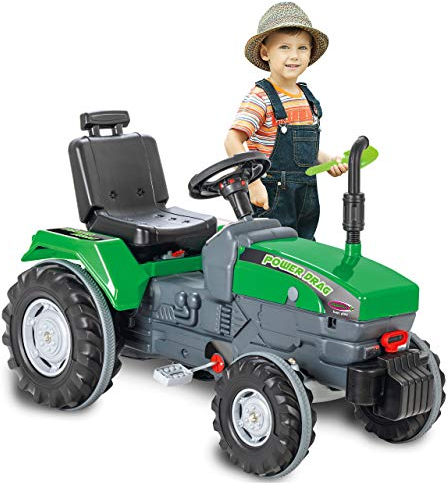 JAMARA 460805 - Trettraktor Power Drag - Kippschutz, Hupe, verstellbarer Sitz Motorhaube aufklappbar, Anhängerkupplung, Antrieb durch Treten der Pedale, grün