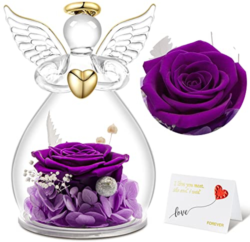 Sunia Ewige Rose Engel Geschenke für Frauen, Ewige Rose im Glas Engel Figur Mama Geschenk, Geburtstagsgeschenk für Frauen, Geschenke für Mama, Mutter Oma Geschenk, Muttertag Weihnachten Valentinstag
