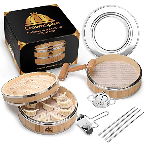 CROWNSPIRE 2 Tier Bamboo Steamer | Bamboo Steamer Basket with Reusable Silicone Liner | Food Dim Sum Kit for Cooking Baby Bao Bun, Rice, Vegetable, Fish and Meat