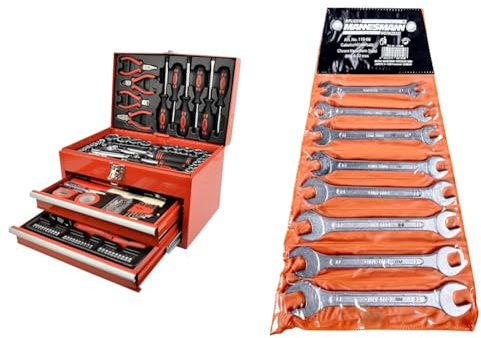 Brüder Mannesmann M29066 Bestückte Werkzeugbox, 155-tlg & Brueder Mannesmann Werkzeuge M 110-08 Gabelschlüsselsatz 8-teilig
