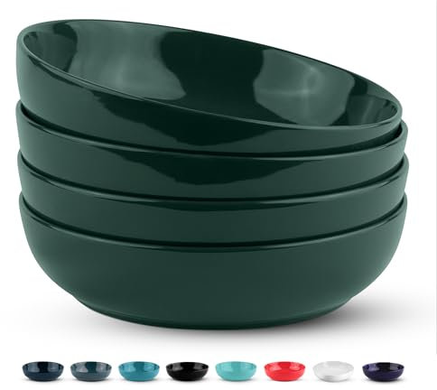 KooK Pasta Bowl, Salad Bowls, Soup, Serving Bowls, Ceramic, Large Capacity, Microwave & Dishwasher Safe, Set of 4, 40 Oz,(Hunter Green)