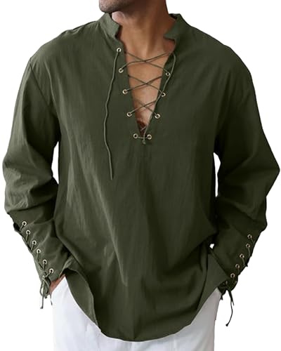 LUYANA Chemise médiévale en lin à lacets pour homme - Chemise de pirate - Renaissance viking - Col montant, Vert kaki, XXXL