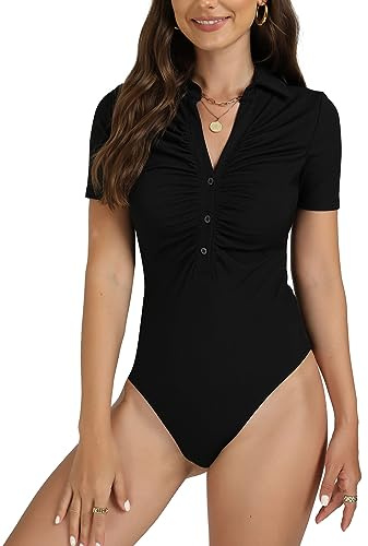 OPOIPIN Women's Ribbed Polo Bodysuit Deep V Neck Button Down Short Sleeve Ruched Leotard Going Out Tops Black X-Small