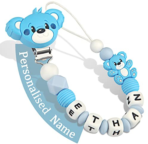 Yolnkos Attache Sucette Nom Personnalisé Prenom Teddy Ours Tetine Clips Chaîne pour Bébé Filles Garçons(Bleu)
