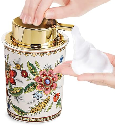 Floral Decorative Foam Soap Dispenser, Vintage Ceramic Hand Soap Pump, Nature Inspired Bathroom Countertop Decor (Style F)
