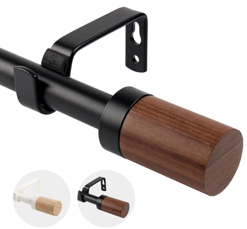 Gardinenstange ausziehbar, Dia 16/19 mm, Verstellbare Gardinenstange aus Metall mit Holzmaserung Endstücke für Ösenvorhänge, Elegante Moderne Dekostange, schwarz (Schwarz, 120-210CM)