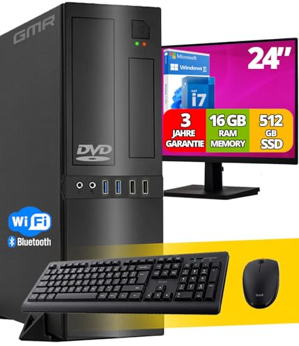 Intel Office PC Komplett 24 Zoll HD-Monitor, Tastatur und Maus | Intel i7 | 16 GB RAM | 512 GB SSD | DVD-Brenner | WiFi 600 und Bluetooth 5 | USB3 | Windows 11 Pro | 3 Jahren Garantie!