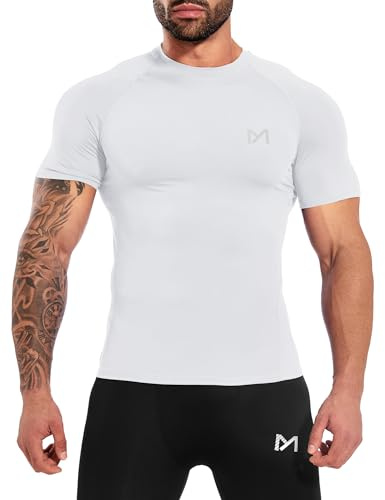 MEETYOO Kompressionsshirt Herren,Funktionsshirt Kurzarm Fitnessshirt Männer Sportshirt Atmungsaktiv Laufshirt für Laufen,Weiß,M
