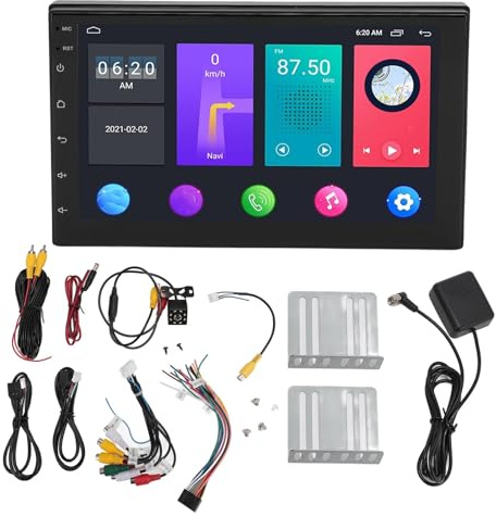 Plyisty Double Din Trådlös Bilstereo, för IOS/Android Auto, med Front Dash Cam, 7 Pekskärm Bilradio, Mirror Link/Bluetooth/Navigation/Röstkontroll/AHD Reverse Cam/FM/EQ