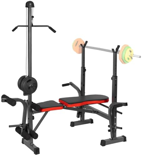 EIGFOH Banco de Pesas Multifuncional Banco de Musculación Plegable, Banco Abdominales Respaldo Ajustable Soporte de Barras con Entrenador de Polea, Banco Musculación Gym en Casa