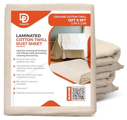 PRIMES DIY Laminated Twill Professional Quality Dust Sheet 12 x 9 ft, Heavy Weight Cotton Painting & Decorating, Durable, Reusable Drop Cloths, Furniture Cover, Natural Canvas, High-Grade Fabric 2PCS
