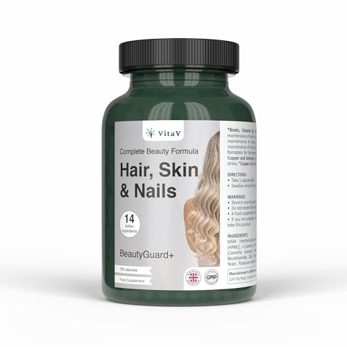 VitaV BeautyGuard+ Biotin Hair Growth | Hair and Nails Vitamins for Women & Men | with Hyaluronic Acid, MSM, Silica, Copper, Selenium & Zinc | Premium Hair Supplements for Women | 120 Capsules