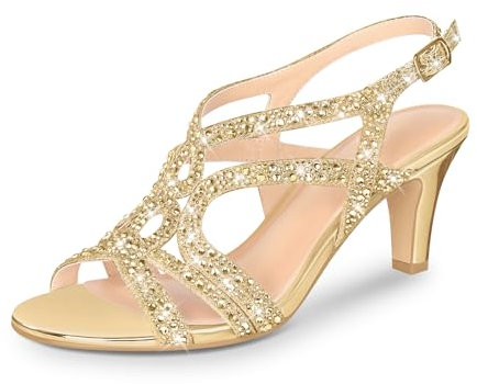 PIZZ ANNU Womens Sandals Sparkly Rhinestones Strappy Kitten Heels Ladies Wedding Shoes for Women Bride Slingback Summer Prom Party Gold Size 8