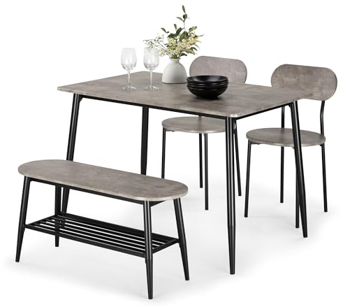 VonHaus Dining Room Set - 4 Seater Dining Table and Chairs Set - Rectangular Concrete Effect Kitchen Table, Chairs & Bench for 4 People - Grey Space Saving Table & Bench with Shelf - Murray