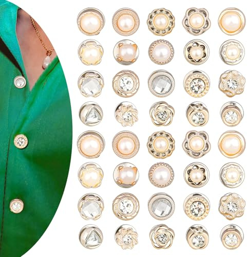40pcs Women Shirt Brooch Pins,No Sew Reusable Cover Up Pins,Rhinestone and Pearl Buttons for Women Fashion, Replacement Safety Button for Clothing Shirt Dress Sweaters Coat Shawl