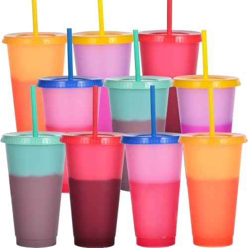 Yisituo 710 ml mugg med lock och sugrör, 10 stycken färgskiftande koppar, för barn, återanvändbara plastkoppar, för fester, smoothies och resor (10, färgglada)