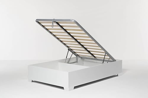 Cangù Letto Contenitore Bed Box da una piazza e mezza 120x190 cm, Bianco, con piedini, con Rete a Doghe e Sistema di Sollevamento