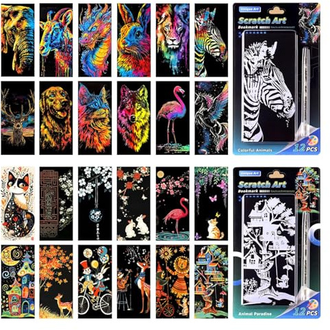 Yuqilin 24 Pièces Carte a Gratter Enfant+ 2 Pièces Stylo Spécialisé Dessin Gratter pour Enfants Activite Manuelle Adulte Rainbow Painting Sketch pour Carnets Cartes de Vœux Cadeaux Fêtes Noël (A)