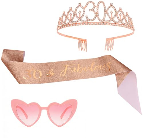 30 Ans Anniversaire Femme, Echarpe Couronne Anniversaire 30 Ans, Couronne et Écharpe Anniversaire Femme - Or Rose Gâteau Topper Cadeau Décoration (30th birthday)