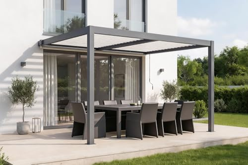 Cazeboo Pergola bioclimatica AGOSTA 4x3, addossata a parete, altezza 250cm - Alluminio grigio con doghe bianche