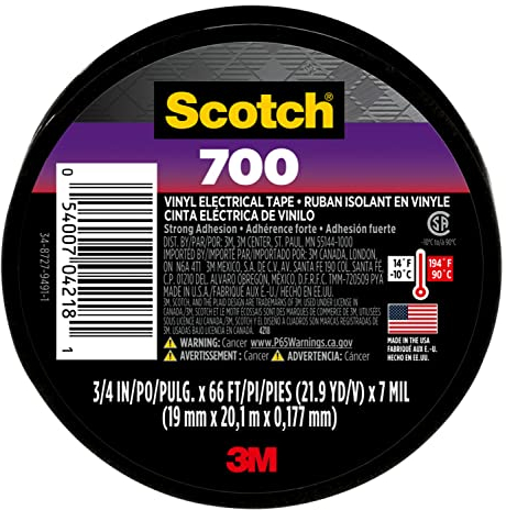 Scotch Vinyl 700 Electrical Tape, 1 Roll, Black, 3/4-in x 66-ft, General Purpose, Commercial Grade, Rated for Temperatures Up to 194-Degree, Highly Flexible, Stretchy & Conformable (700)