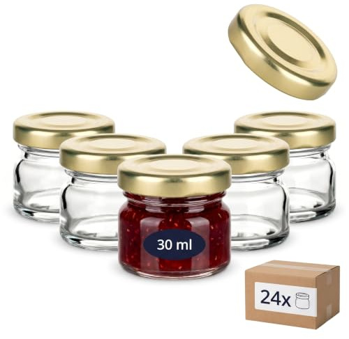 Gouveo Set di 24 vasetti da 30 ml, mini con coperchio a vite, color oro, TO43, per marmellate, spezie (EGR030G)