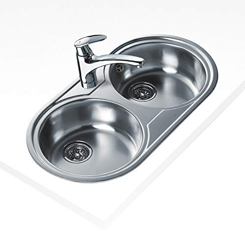 TEKA Fregadero Dos Cubetas en Acero Inoxidable 18/10, Profundidad 140 mm, Válvula Canasta 3 ½, Para Mueble de 80 cm, Con Orificio para Grifo, Modelo DR 80 2C
