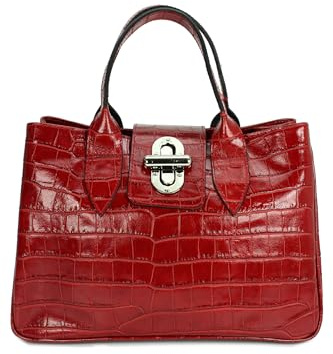 Belli Echt Leder Handtasche italienische Damen Ledertasche Umhängetasche Henkeltasche in rot lack kroko - 36x25x18 cm (B x H x T)
