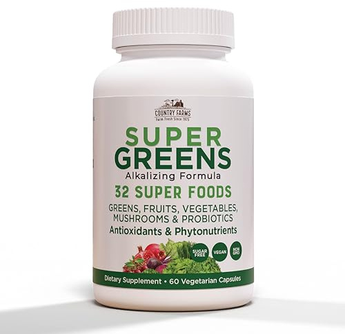 Country Farms Super Greens Vegicaps, 32 Super Foods, Whole Food Supplement, Greens, Fruit, Vegetables, Mushrooms & Probiotics, Rich in Antioxidants & Phytonutrients, 60 Count, 30 Servings