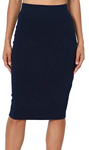 PrettyFashion Jupe Crayon Midi à Taille Haute - Élasticité Bodycon Droite pour Femmes (Bleu Marine, X-L)