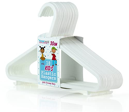 HANGERWORLD Lot de 18 cintres en Plastique de 30 cm pour Pantalon/Jupe - pour bébé et Enfant -Blancs