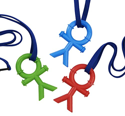 Sensory Direct Chewbuddy Stickmen & Cordino – Confezione da 3 pezzi, mastica sensoriale o aiuto per la dentizione,per bambini, adulti, autismo, ADHD, ASD, SPD, rosso, blu