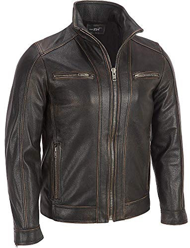Superior Leather Garments - Mens Black Rivet Faded Seam Leather Jacket Genuine Cow Hide (UK, Alpha, L, Regular, Regular, Black)