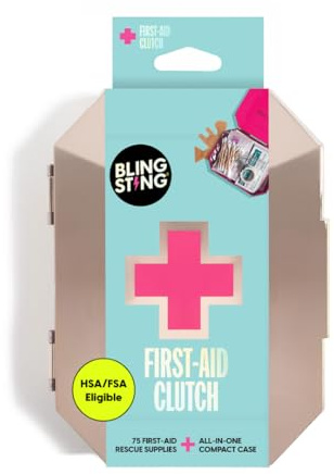 BLINGSTING First Aid Kit - 75 Essential First-aid Supplies, Bandages, Wipes, Gold Travel Case - Multipurpose Mini Emergency Kit for Women - Pink Interior - Compact & Versatile - TSA Approved (1 Count)