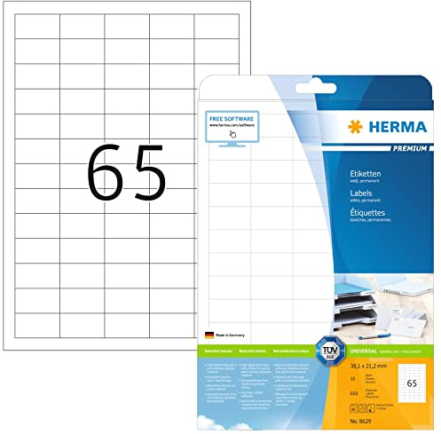 HERMA Etichette Universali, 38,1 x 21,2 mm, Etichette Adesive A4 per Stampante, 65 Etichette per Foglio, Bianco