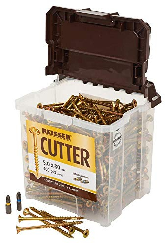 Reisser 8221570PB Cutter Pozi Countersunk Yellow Coated Woodscrew 450-Pieces with 2 PZ2 Bits, 5 mm Diameter x 70 mm Length