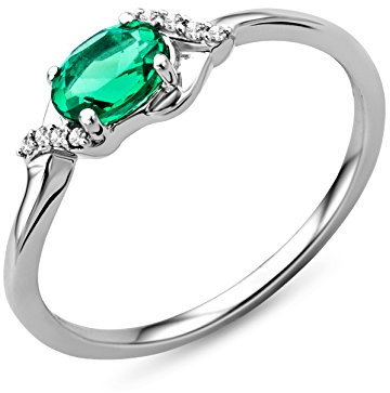 Miore Anello Donna Solitario Smeraldo Diamanti taglio Brillante ct 0.03 Oro Bianco 9 Kt / 375