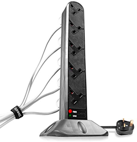 Duronic Surge Protected Extension Lead with USB ST10B Tower Extension Leads 10 Way Multi Plug Power Adapter for UK Plugs Long Black Extension Cords Power Strip Multiplug Socket for Home Office Kitchen