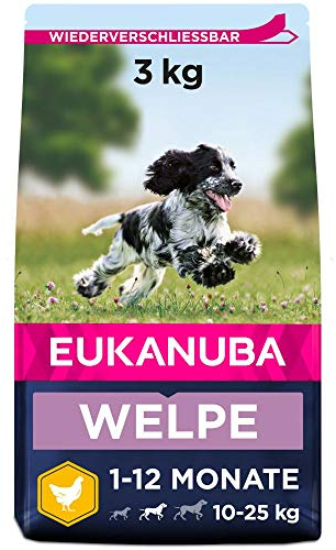 Eukanuba Welpenfutter mit frischem Huhn für mittelgroße Rassen, Premium Trockenfutter für Junior Hunde, 3 kg