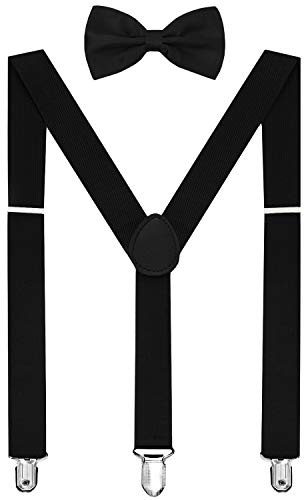 habibee Suspender and Bow Tie Set for Men Adjustable Braces with Y Back, Diverse Colors, Strong Clips (1, Black)