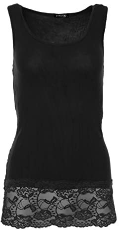 Easy Young Fashion - Damen Trägertop mit Spitzensaum - langes Unterziehshirt Skinny Fit 0518 (Schwarz S/M)