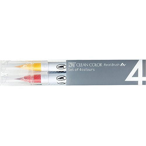 Zig Clean Colour Pure Real Brush Water-Based Dye Pen Set - Set of 4, Brush Tip
