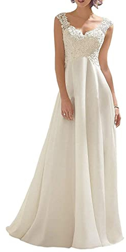 Abaowedding Women's Wedding Dress Lace Double V-Neck Sleeveless Evening Dress Ivory US 10